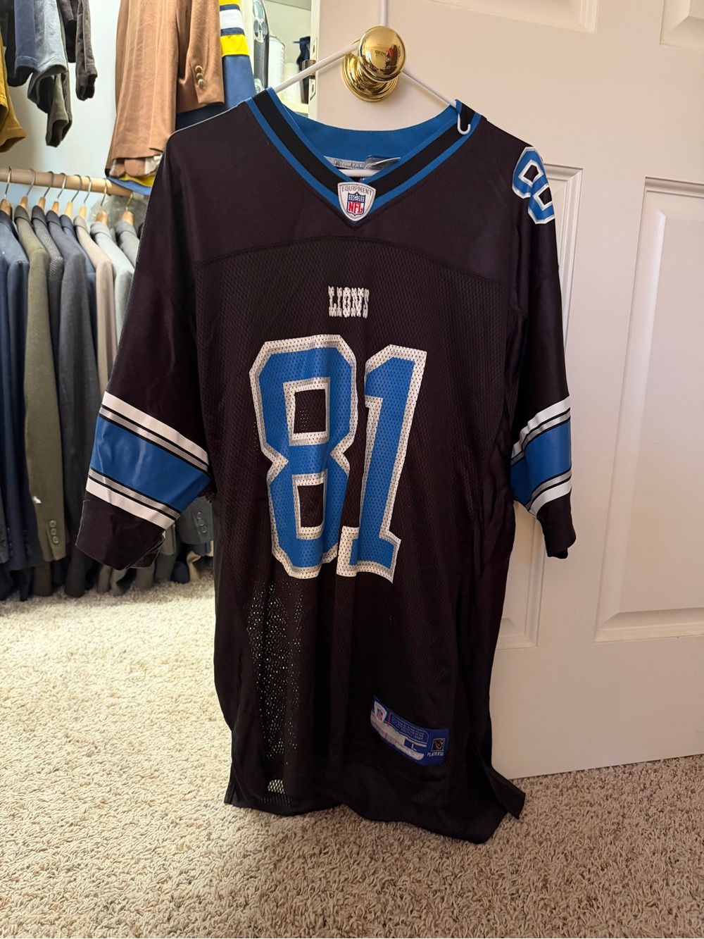 Reebok Black and Blue Lions #81 Men’s Football Jersey